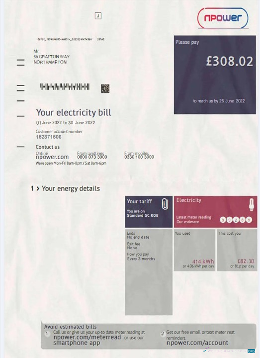 download download United Kingdom Npower electricity bill in PSD format photoshop template photoshop template